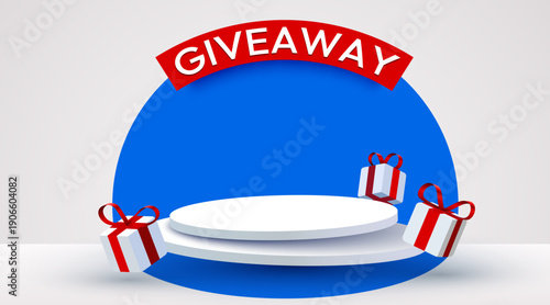 Giveaway banner with white podium, gift boxes, and blue background for online contests. Vector illustration