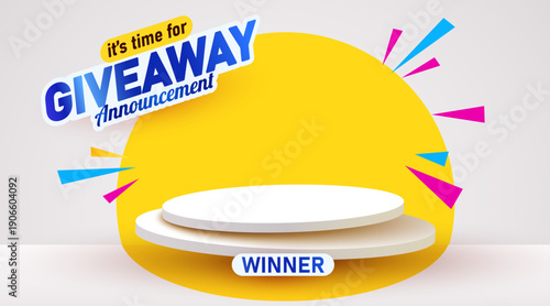 Giveaway announcement banner with a winner podium. Perfect for online contests and promotions. Vector illustration.