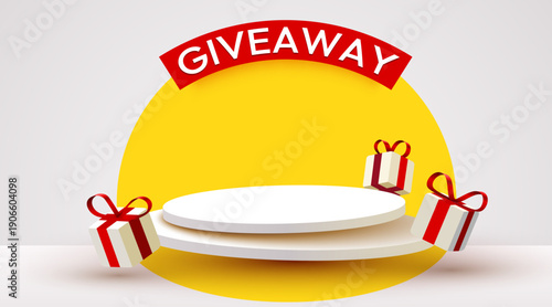 Eye-catching giveaway event banner with a modern product podium and gift boxes. Perfect for online promotions and contests. Vector illustration.