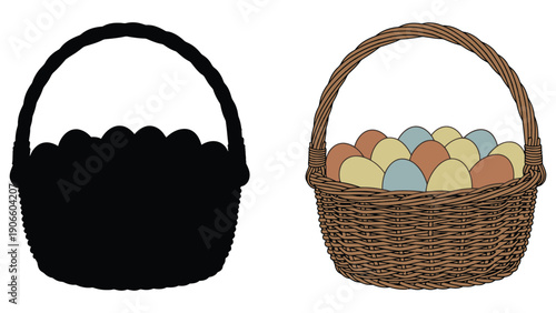 A wicker basket icon illustration with eggs and a silhouette version