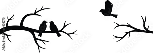 birds, silhouette, branch, flying, nature, wildlife, love, couple, tree, romantic, illustration, black, isolated, minimal, design, freedom, outdoor, animal, background, decorative