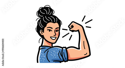 A Woman with Her Hair in a Bun Wearing a Blue Polka Dot Shirt Flexes Her Arm and Smiles Confidently with Radiating Lines Behind Her Bicep