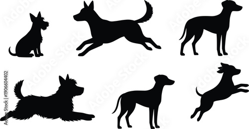 Dog Silhouette Vector Illustrations Showing Various Breeds Running, Jumping, and Sitting