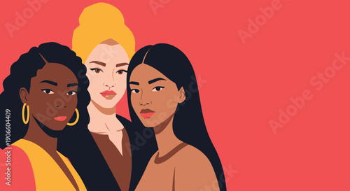 Diverse Group of Women with Varied Skin Tones and Hairstyles Standing Together Symbolizing Unity Strength and Empowerment Against a Solid Red Backdrop