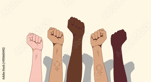 Diverse Group of Womens Fists Raised in Solidarity Symbolizing Empowerment Strength Equality and Feminist Movement with Female Symbols Visible