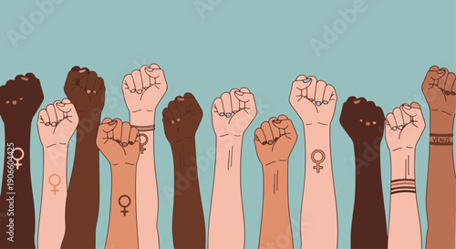 Diverse Womens Fists Raised Together Showcasing Female Empowerment and Unity with Feminist Symbols and Varied Skin Tones Against a Teal Backdrop