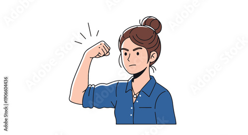 Determined Woman Flexing Her Bicep with a Strong Expression Showing Her Power and Independence in a Blue Shirt Isolated on a Black Background