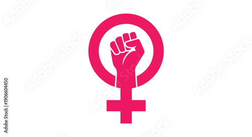 Pink Female Gender Symbol with a Raised Fist in the Center Representing Womens Empowerment and Solidarity
