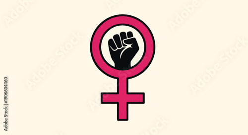Feminist Symbol with a Raised Fist Inside a Pink Circle and Border Representing Female Power Strength and Protest on a Cream Background