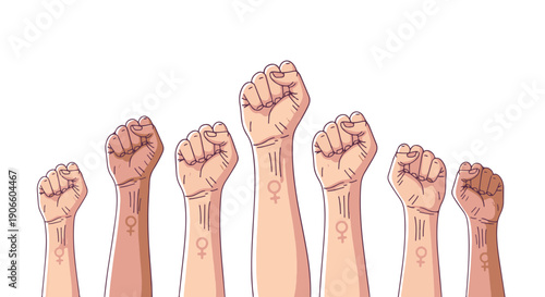 Multiple Clenched Fists with Female Gender Symbols Raised in Solidarity and Protest Symbolizing Feminism and Womens Rights Movement on a Black Background