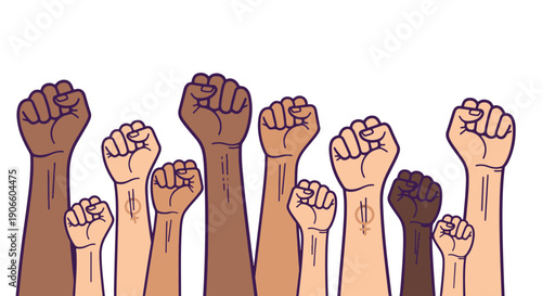 Diverse Group of Raised Fists Symbolizing Unity Strength and Empowerment with Female Symbols on Some Arms Against a Dark Background