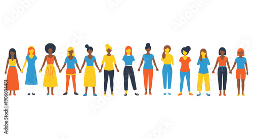Diverse Group of Women Standing Together Holding Hands Representing Unity Sisterhood and Solidarity in Colorful Outfits