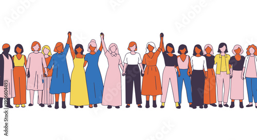 Diverse Group of Women Standing Together Raising Fists in Solidarity Celebrating Empowerment and Unity with Colorful Modern Outfits on Black Background