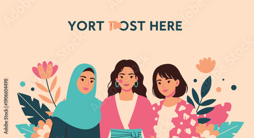 Diverse Women United in Unity Celebrating Sisterhood and Empowerment with Floral Elements and Soft Pastel Background