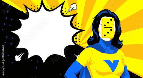Dynamic Superheroine with Domino Mask and Vibrant Comic Book Style Sunburst Bold Blue and Yellow Costume Pop Art