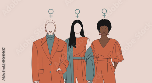 Diverse Women Standing Together United and Empowered with Female Symbols Above Their Heads Representing Strength and Solidarity in Fashion