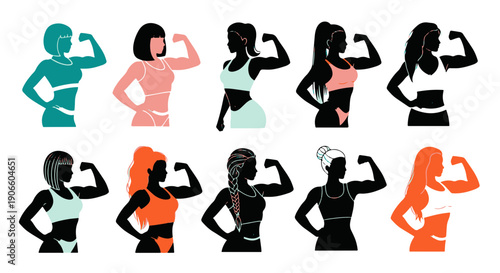 Diverse Collection of Athletic Women Flexing Muscles Showcasing Strength and Empowerment in Vibrant Silhouette Styles Against Black