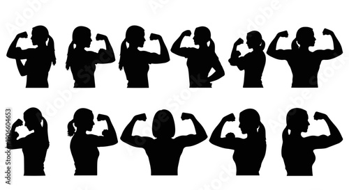 Diverse Group of Strong Women Flexing Biceps with Powerful and Confident Expressions Showcasing Strength and Empowerment in Silhouette Style