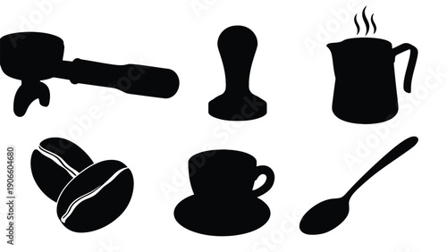 Coffee icon set including silhouettes of coffee beans and brewing tools