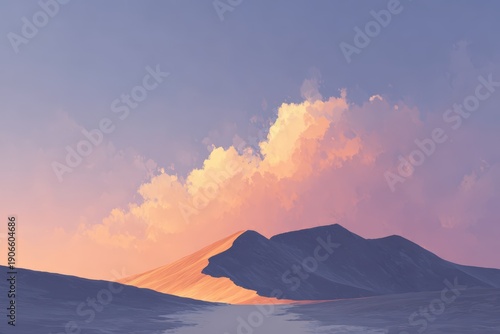 A painting of a mountain scene with a sunset
