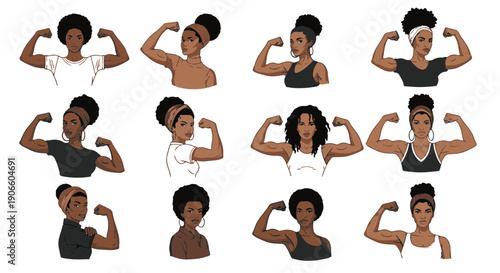 Diverse Group of Strong Black Women Flexing Muscles Representing Empowerment and Resilience in a Collage Style Against a Black Background