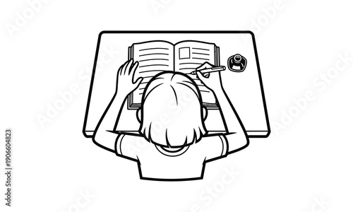 Student writing in book with pen and inkwell top view vector