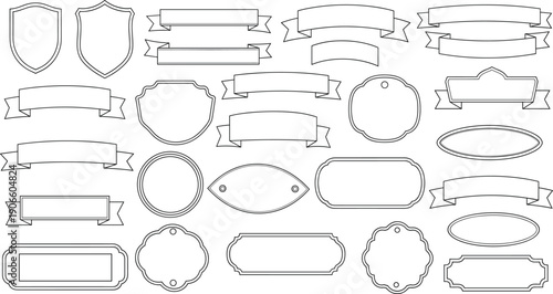 Set of Minimalist Outline Label Templates and Blank Ribbon Banners for Branding Organization and Product Packaging Design