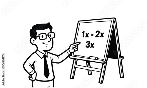 Teacher explaining math problem on easel blackboard black and white vector