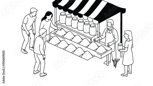 Spice market illustration with people shopping at a colorful outdoor vendor stand