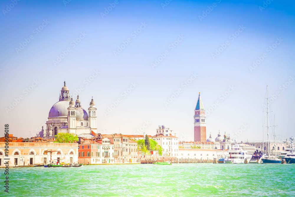 Fototapeta premium famous San Marco square waterfront with Basilica Santa Maria della Salute and San Marco bell tower, Venice, Italy, retro toned