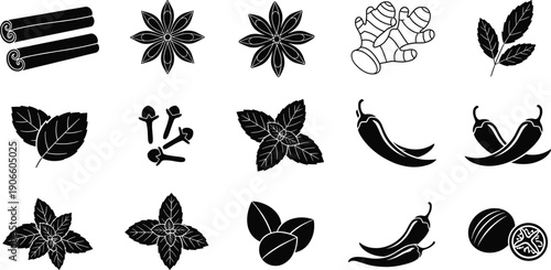 Culinary Spices and Herbs Vector Silhouette Set Featuring Cinnamon Sticks, Star Anise, Ginger Root, Chili Peppers, and Mint Leaves