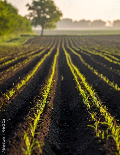 Newly planted crops emerging from soil, illuminated by sunlight. Rows converge towards distant trees