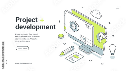 Web banner for project development. Isometric vector illustration of business management process. Modern template for a creative agency landing page with computer, gear and chart icons
