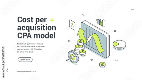 Web banner for cost per acquisition (CPA) model. Isometric vector illustration of digital marketing strategy. Modern template for a business landing page with chart, coins and target icons