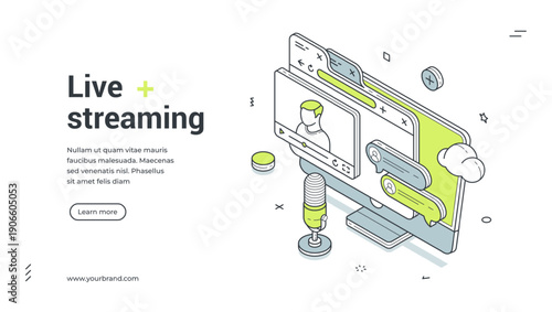 Web banner for live streaming. Isometric vector illustration of an online broadcast. Modern template for a landing page with a computer, microphone and chat icons for a video blog