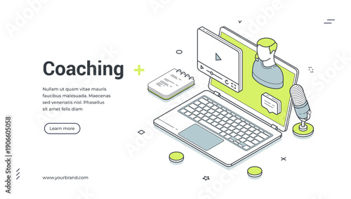 Web banner for online coaching and e-learning. Isometric vector illustration of business training. Modern template for a landing page with laptop, microphone, video player for a webinar