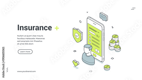 Web banner for online insurance service. Isometric vector illustration of a mobile application for health protection. Modern template for a landing page with smartphone, shield and money