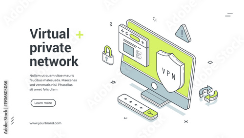 Web banner for virtual private network service. Isometric vector illustration of a computer with VPN shield. Modern template for a landing page about internet security and data protection