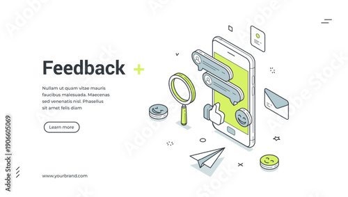 Web banner for customer feedback. Isometric vector illustration of online service. Modern template for a landing page with a smartphone, chat bubbles, like, smile and magnifier icons
