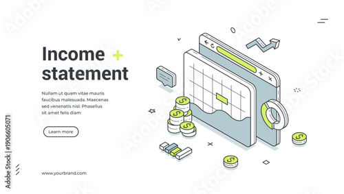 Web banner for financial report. Isometric vector illustration of income statement analysis. Modern template for a landing page with coins and charts for business analytics