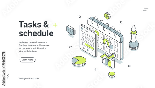 Web banner for tasks and schedule management. Isometric vector illustration for business planning. Modern template for a landing page with calendar, chart and chess icons for time management