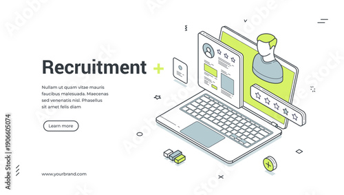 Web banner for online recruitment. Isometric vector illustration of the hiring process. Modern template for a human resources landing page with a laptop, CV, and candidate profile icons
