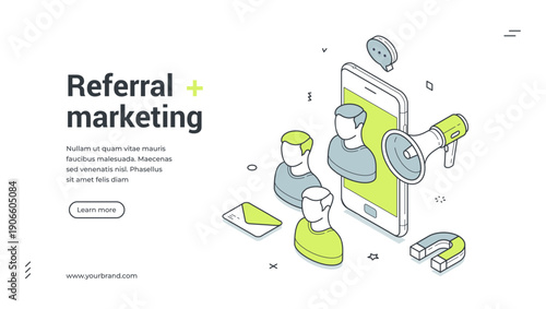 Referral marketing web banner. Isometric template with smartphone, megaphone, people. Vector illustration for landing page about customer attraction and social media