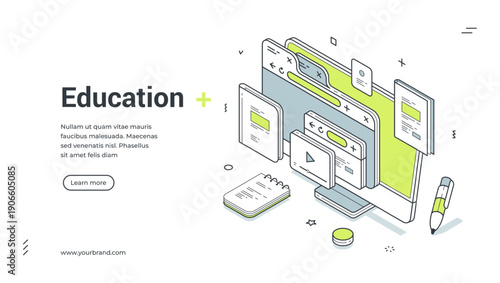 Web banner for online education. Isometric vector illustration with computer screen. Modern template for a landing page about e-learning, distance courses and university