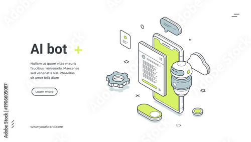 Web banner for AI bot and chatbot service. Isometric vector illustration of a robot assistant. Modern template for a landing page with a smartphone, cloud and gear for customer support technology