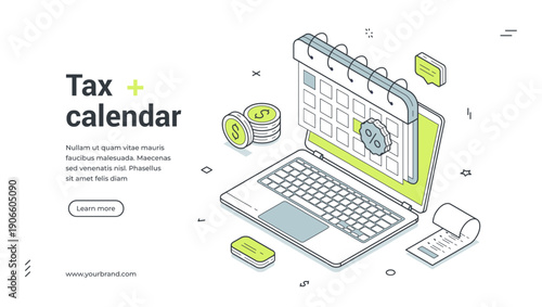 Web banner for tax calendar and finance service. Isometric vector illustration with laptop. Modern template for a landing page about online tax payment and financial accounting