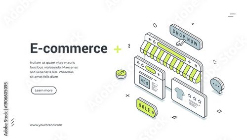E-commerce web banner for online shopping. Isometric vector illustration shows a mobile storefront. Modern template for a landing page about digital store and internet retail business promotion