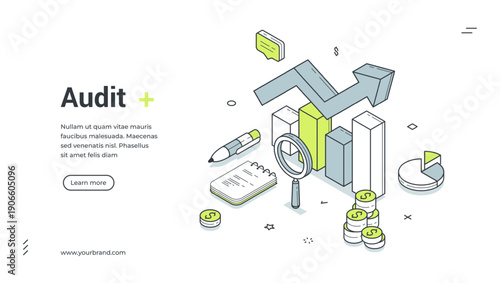 Web banner for business audit service. Isometric vector illustration with financial graph. Modern template for a landing page about data analysis and company reports