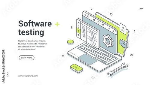 Software testing web banner. Isometric vector illustration of a laptop with code. Modern template for a landing page about quality assurance, app development, and debugging service
