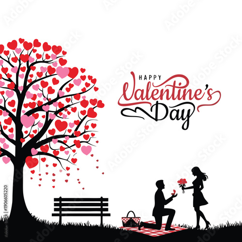 Romantic valentines day scene with couple and heart tree